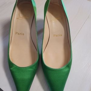 Green satin Christian Louboutin kitten heels